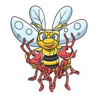 ilustração dos desenhos animados uma abelha traz duas formigas vermelhas vetor