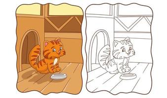 gato de ilustração de desenho animado está se preparando para comer com seu livro de pratos ou página para crianças