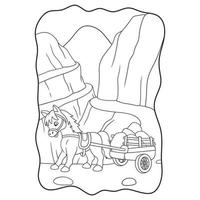 ilustração dos desenhos animados um cavalo carregando um carrinho cheio de pedras pela estrada perto do livro ou página da ravina para crianças preto e branco vetor