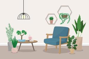 interior moderno da sala de estar com poltrona, mesa de centro e plantas de interior. ilustração em vetor plana colorida.
