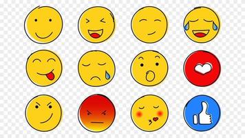 conjunto de emoções de rostos amarelos desenhados à mão. sorrindo e rindo rabiscos com esboços de admiração e raiva vermelha zombando e brincando mostrando a linguagem vetorial vetor