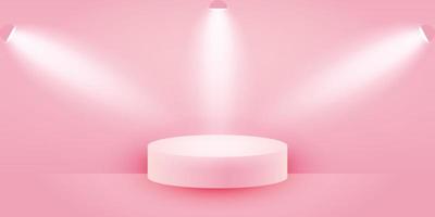 pódio rosa 3d em um fundo rosa pastel e luz suave. palco rosa iluminado para apresentação de produtos ou publicidade. bandeira de fundo rosa vector. vetor