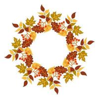 coroa de outono de folhas laranja e amarelas em um fundo branco. moldura redonda de outono de folhas e bagas para design decorativo. decoração botânica. vetor