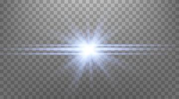 reflexo de lente horizontal azul. isolado em fundo transparente. sol flash com raios ou holofotes e bokeh. efeito de luz de brilho de brilho. ilustração vetorial.