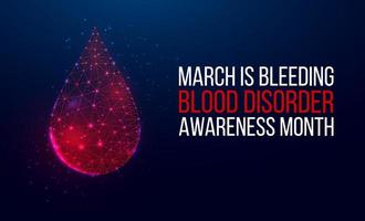 março é o conceito de mês de conscientização de distúrbios hemorrágicos. banner com gota de sangue vermelho poli baixo brilhante sobre fundo azul escuro. ilustração vetorial. vetor