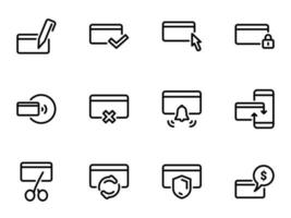 conjunto de ícones do vetor preto, isolados contra um fundo branco. ilustração em um pagamento de cartão de tema e dinheiro