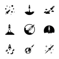 conjunto de ícones pretos isolados no fundo branco, no foguete temático vetor