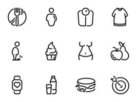 conjunto de ícones vetoriais pretos, isolados no fundo branco, sobre o tema o problema da obesidade, perda de peso e tentações vetor