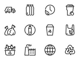 conjunto de ícones vetoriais pretos, isolados no fundo branco, no tema reciclagem e reciclagem de resíduos plásticos vetor