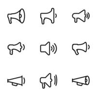 conjunto de ícones vetoriais pretos, isolados no fundo branco, em megafones temáticos vetor