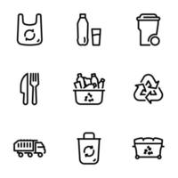 conjunto de ícones vetoriais pretos, isolados no fundo branco, sobre reciclagem de tema e utilização de resíduos plásticos