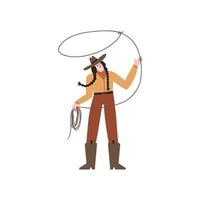 uma vaqueira tem uma corda na mão. roupas e sapatos de cowboy. Oeste selvagem. ilustração vetorial isolada no fundo branco vetor