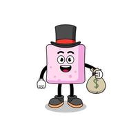 ilustração de mascote marshmallow homem rico segurando um saco de dinheiro vetor