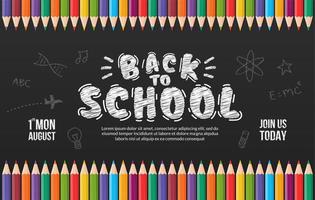 bem-vindo de volta ao fundo da escola com lápis de cor, conceito de banner de educação com design de letras de volta à escola