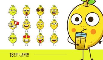 personagens de limão fofos definidos para loja e entrega de suco de frutas, expressão facial de emoticons de limão para postagem social e reação, design de vetor de desenhos animados de frutas frescas