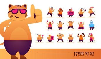 conjunto de vetores de personagens de gato gordo fofo, expressão facial de emoticons de gato para postagem social e reação, ilustração de desenho de gato em poses diferentes