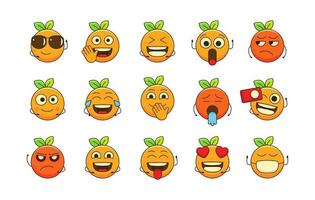 conjunto de vetores de emoticons laranja fofos, expressão facial emoji laranja para postagem social e reação, ilustração de desenho animado laranja em sentimento diferente