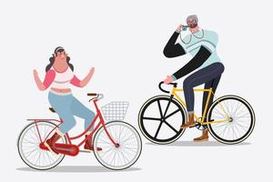 Homens e mulheres andando de bicicleta vetor