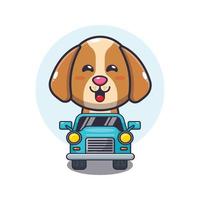 passeio de personagem de desenho animado de mascote de cachorro fofo no carro vetor