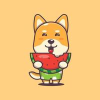 personagem de mascote de desenho animado de cachorro shiba inu fofo come melancia fresca vetor