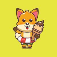 personagem de mascote de desenho animado de raposa fofa com sorvete na praia vetor