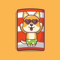 personagem de mascote de desenho animado de cachorro shiba inu bonito em óculos de sol dorme na praia vetor