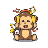 macaco fofo ouvindo música com ilustração vetorial de desenho animado de fone de ouvido vetor