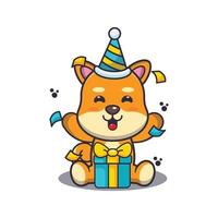 lindo cachorro shiba inu na ilustração vetorial de desenho animado de festa de aniversário vetor