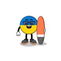 desenho de mascote da bandeira da ucrânia como surfista vetor