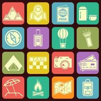 Ícones modernos de viagens e camping planas em elegantes botões multicoloridos vetor