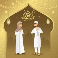 cartão de saudação eid mubarak. crianças muçulmanas dos desenhos animados comemorando o eid al fitr na noite anterior ao eid vetor