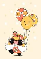 cartão de saudação gnomo bonito, desenho animado bonito retrô groovy gnomo menina nórdica cabeça sem rosto desenhando em balões de roupa vingate