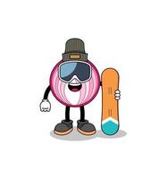 desenho de mascote de jogador de snowboard de cebola fatiada vetor