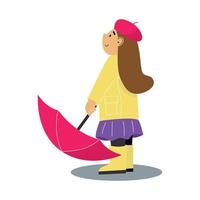 menina com um guarda-chuva. garota vestindo uma capa de chuva amarela e botas de borracha amarelas. ilustração em vetor dos desenhos animados sobre fundo branco.