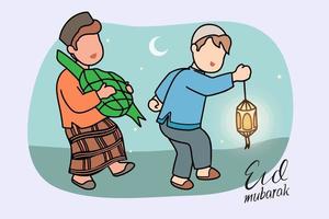 Ramadan Karim. as crianças trazem arroz cozido no vapor em forma de diamante e lanternas no ramadã ou celebrando o eid mubarak. vetor