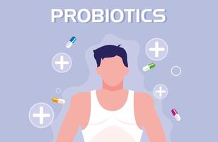 corpo de homem com cápsulas medicamentos probióticos vetor
