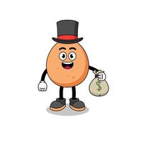 ilustração de mascote de ovo homem rico segurando um saco de dinheiro vetor