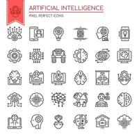 Conjunto de ícones de inteligência artificial de linha fina preto e branco vetor