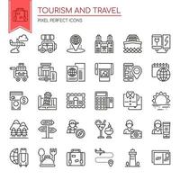 Conjunto de ícones de turismo e viagens de linha fina preto e branco vetor