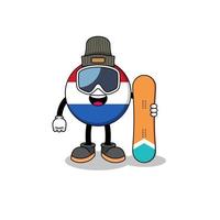 desenho de mascote do jogador de snowboard de bandeira holandesa vetor