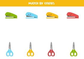 jogo de correspondência de cores para crianças pré-escolares. combine grampeadores e tesouras por cores. vetor