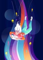 Mulher caindo através do espaço colorido com tablet vetor