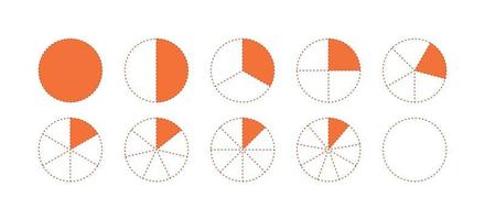 frações para educação. torta infográfica dividida em fatias. diagrama de peças do círculo. metade, terceiro, quarto e outra proporção chart.ratio e ícone linear de peças. vetor