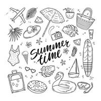 conjunto de verão com maiô, prancha de surf, bolsa de praia, círculos de natação e texto. ilustração vetorial de contorno. vetor