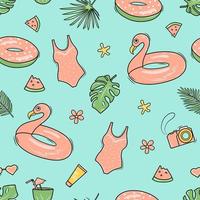 padrão de verão sem costura com flamingos, prancha de surf, folhas de palmeira, bolsa de praia e câmera. de fundo vector em estilo doodle.