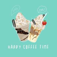 Feliz café tempo banner design com doce e cortado estilo doodle vetor