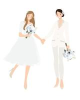 casal de lésbicas em calças de terno branco e vestido de noiva de mãos dadas layout de convite