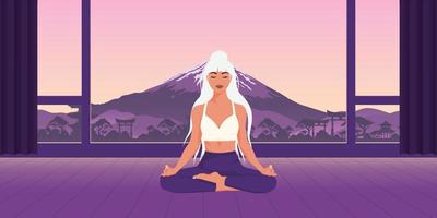 ilustração vetorial retratando uma meditação à noite na natureza. uma linda garota fazendo ioga. cidade asiática e montanha ao fundo. vetor