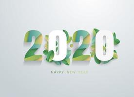 Feliz 2020 ano novo com banner de folhas verdes naturais. vetor