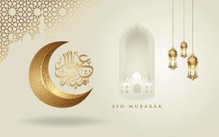 eid mubarak caligrafia árabe design de saudação linha islâmica mesquita cúpula com lua crescente vetor